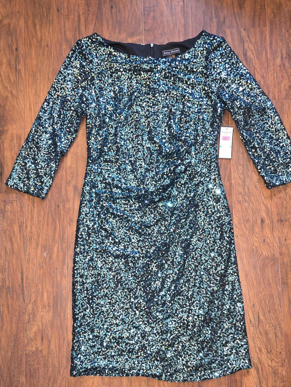 Jessica Howard Black and Teal Sequin Sheath Dress